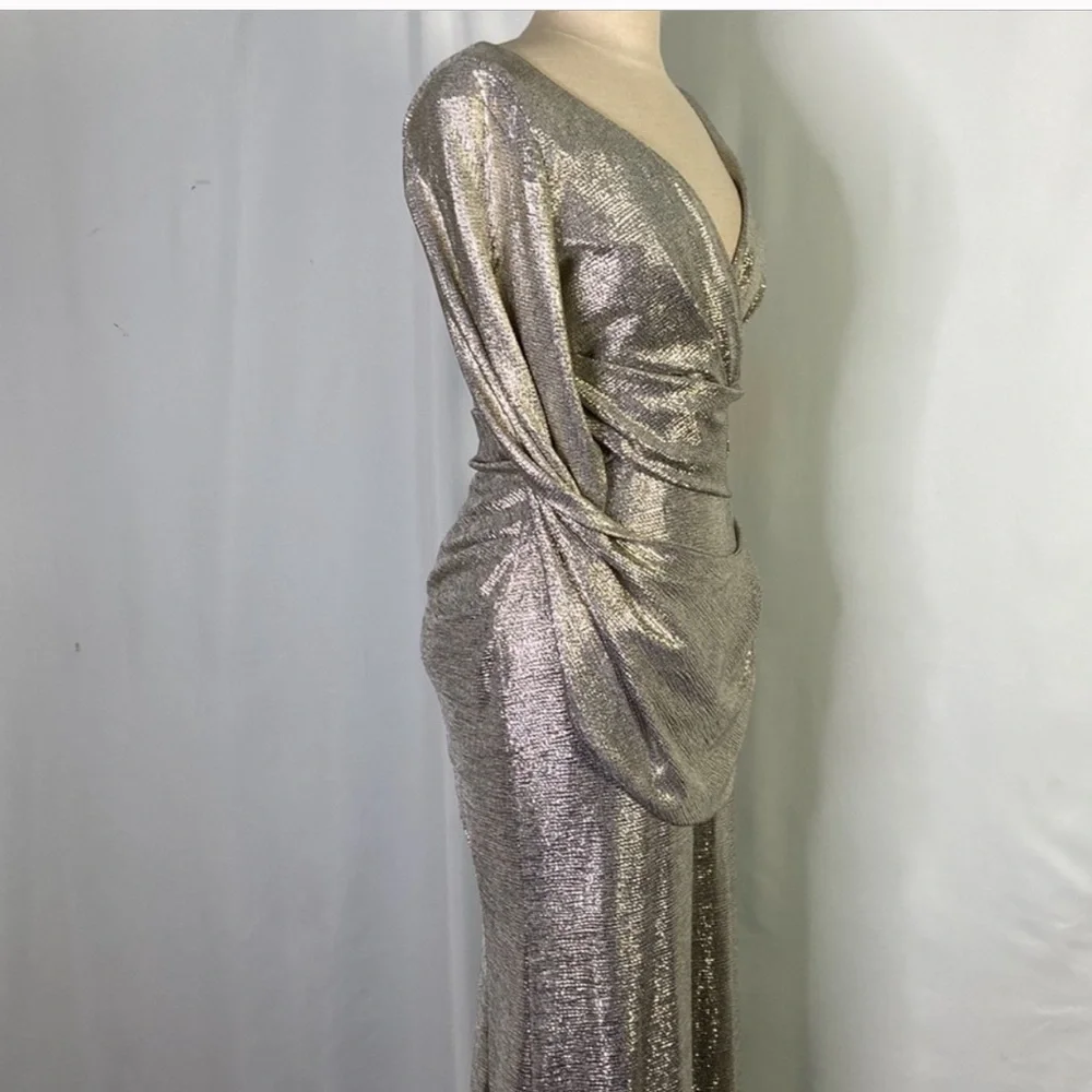 Betsy & Adam Metallic Cape-Sleeve Gown- Size 6 - Picture 8 of 10